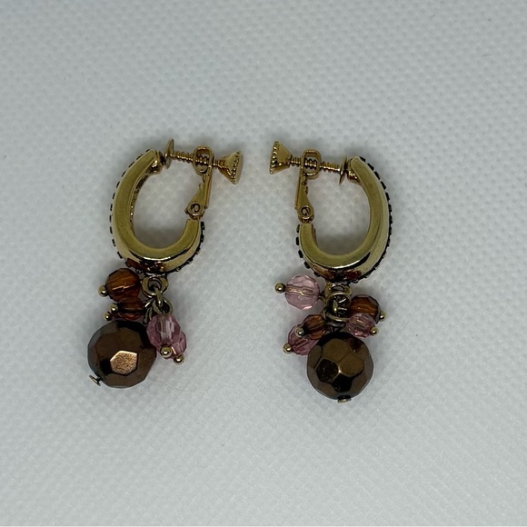 Vintage Style Gold Tone Clip-On Dangle
Earrings | Bronze & Pink Beaded Cluster - Picture 1 of 13